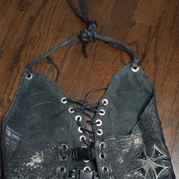 Custom rock n roll lynrd skynyrd Patches Leather Halter Vest Xsmall Small
